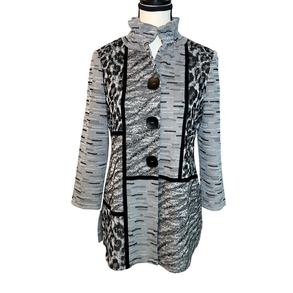 Ming Wang Multi Pattern Cardigan Sweater Collared Button Up Gray Black Size PXS